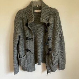 LOFT Chunky Knit Grey Sweater Horn Toggle Button L